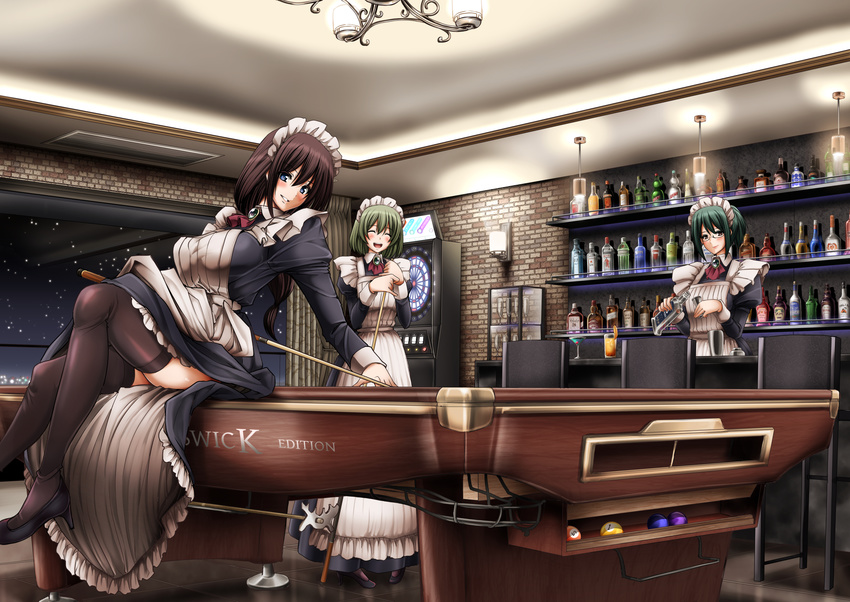 ^_^ alcohol arekishi_raiho ascot ball billiards black_legwear blue_eyes blush breasts brooch brown_hair chair chandelier closed_eyes cocktail_glass cocktail_shaker cue_ball cue_stick cup dartboard dress drinking_glass food fruit glasses green_hair grin highres jewelry large_breasts long_dress maid multiple_girls night night_sky open_mouth orange original ponytail pool_ball pool_table short_hair sitting sitting_on_table sky smile