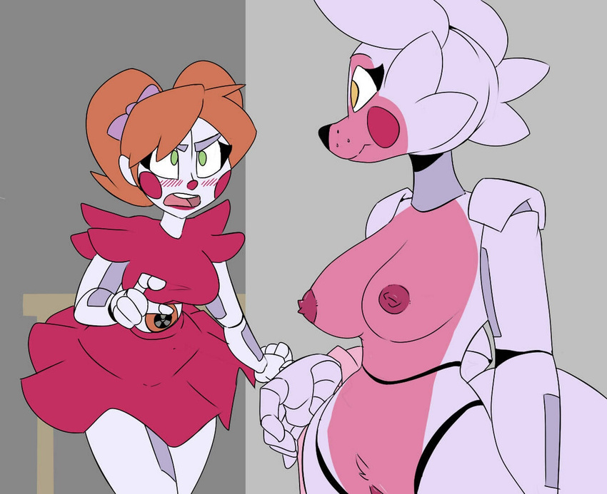 animatronic anthro areola baby_(fnafsl) better_version_at_source big_breasts blush breasts canine clothed clothing duo exposed female five_nights_at_freddy's fox funtime_foxy_(fnafsl) green_eyes humanoid jailbait_knight machine mammal nipples nude pussy robot sister_location table video_games