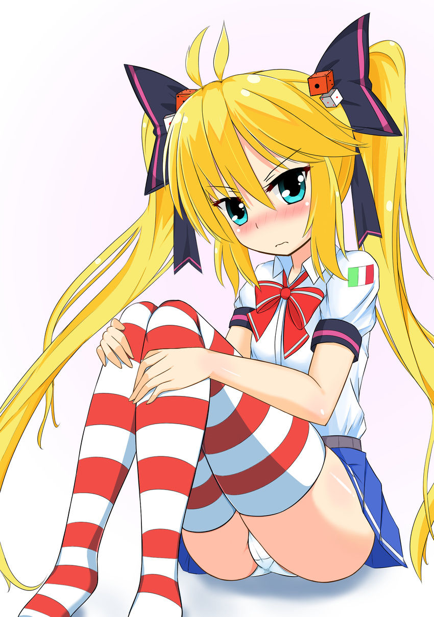 ahoge amyuchan123 andrea_doria_(zhan_jian_shao_nyu) blonde_hair blue_eyes blush commentary_request dice_hair_ornament hair_ornament hair_ribbon highres italian_flag long_hair panties pantyshot ribbon sitting solo striped striped_legwear thighhighs twintails underwear white_background zhan_jian_shao_nyu