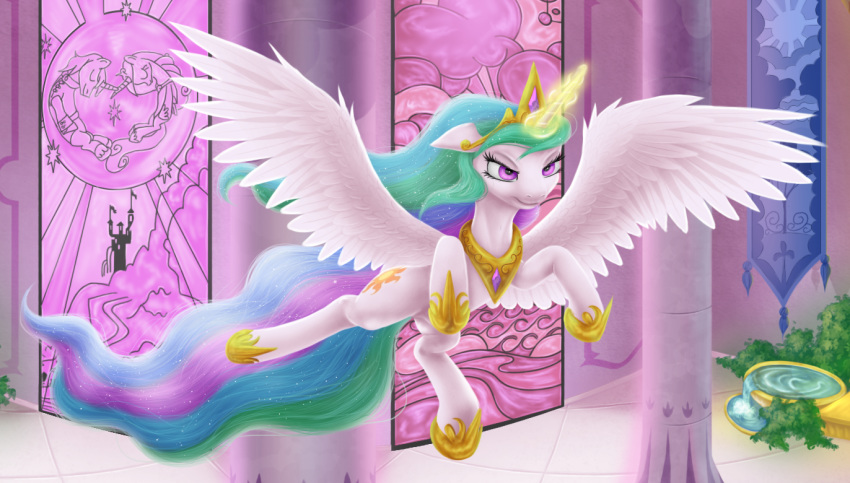 2018 crown equine feathered_wings feathers female feral flying friendship_is_magic hair horn inside jewelry magic mammal multicolored_hair my_little_pony necklace princess_celestia_(mlp) royalty solo spread_wings stained_glass tapestry the1xeno1 winged_unicorn wings