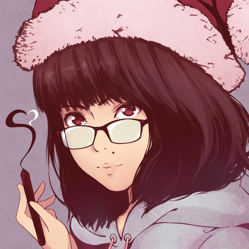 blush brown_eyes brown_hair closed_mouth eyebrows_visible_through_hair glasses hat highres holding_stylus ilya_kuvshinov_(style) kukie-nyan left-handed looking_at_viewer original portrait red_hat santa_hat short_hair smile solo stylus upper_body