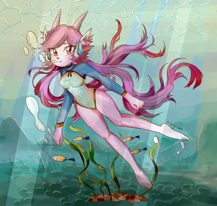 anthro aquatic_dragon barefoot breasts clothed clothing dragon female freedom_planet freedom_planet_2 hair horn hybrid long_hair looking_at_viewer mammal nikoyosan nipple_bulge purple_hair sash_lilac signature solo swimsuit underwater video_games water