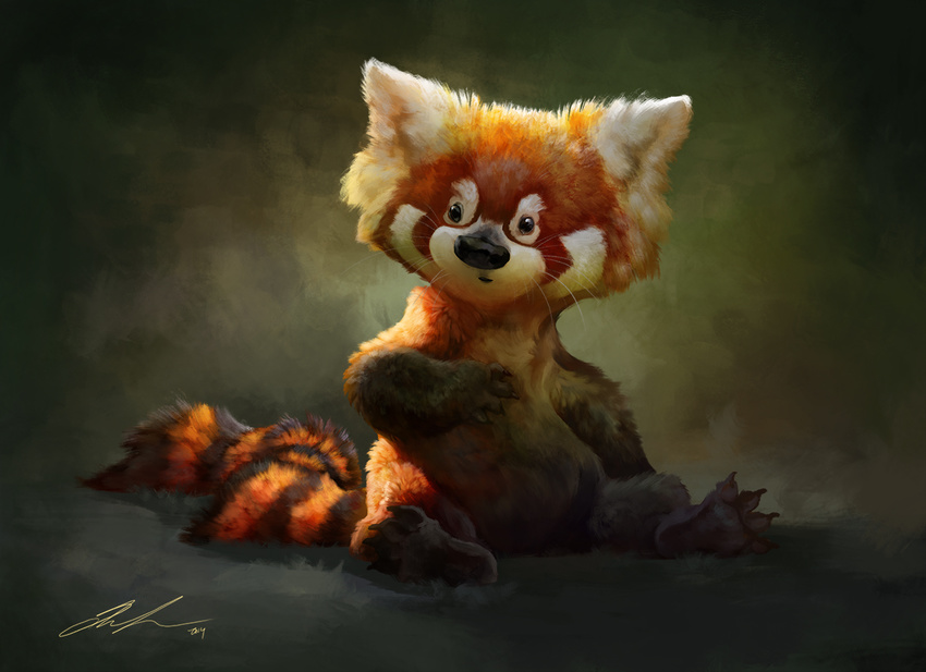 ailah ambiguous_gender black_eyes claws cute feral fur grass green_background mammal paws red_fur red_panda simple_background sitting solo