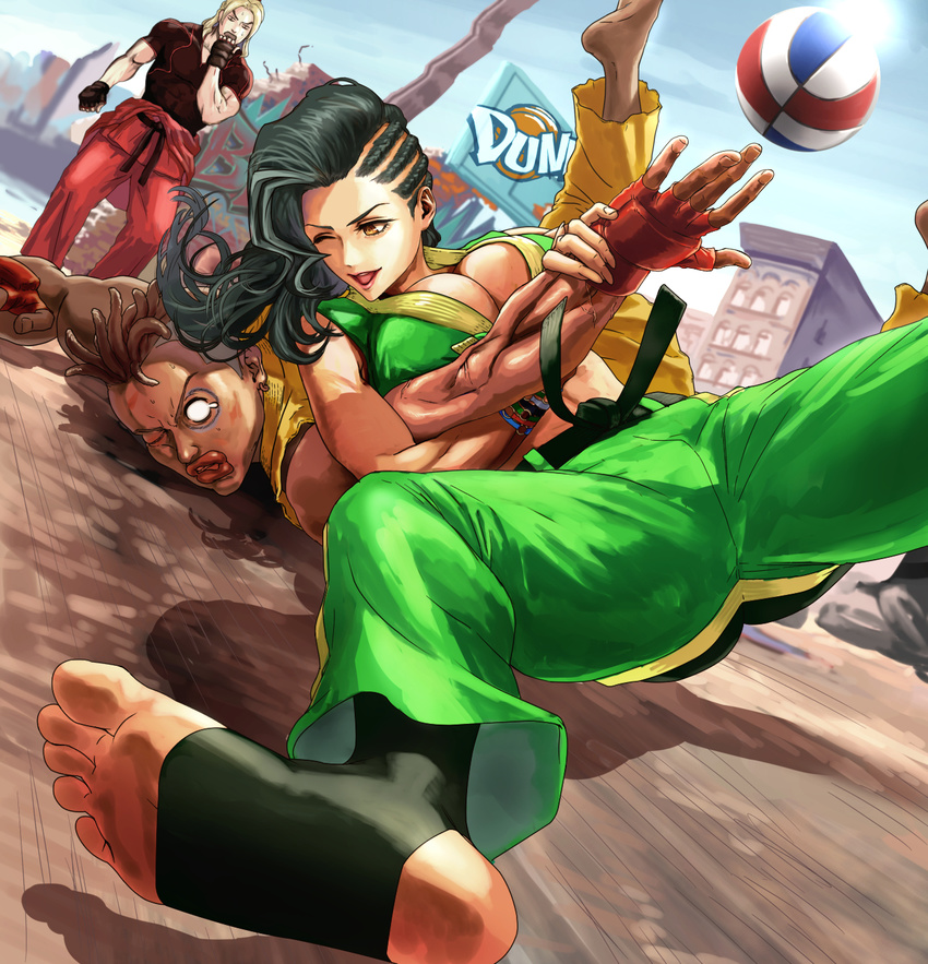 2boys ;) armbar asymmetrical_hair barefoot basketball basketball_hoop black_eye black_hair breasts brother_and_sister brown_eyes brown_hair cornrows dark_skin dougi fighting fingerless_gloves fujiwara_armbar gloves hairlocs highres injury ken_masters l.g_(greenforce1) large_breasts laura_matsuda lips long_hair midriff multiple_boys one_eye_closed pain sean_matsuda siblings smile street_fighter street_fighter_v sweatdrop toeless_legwear undercut wrestling