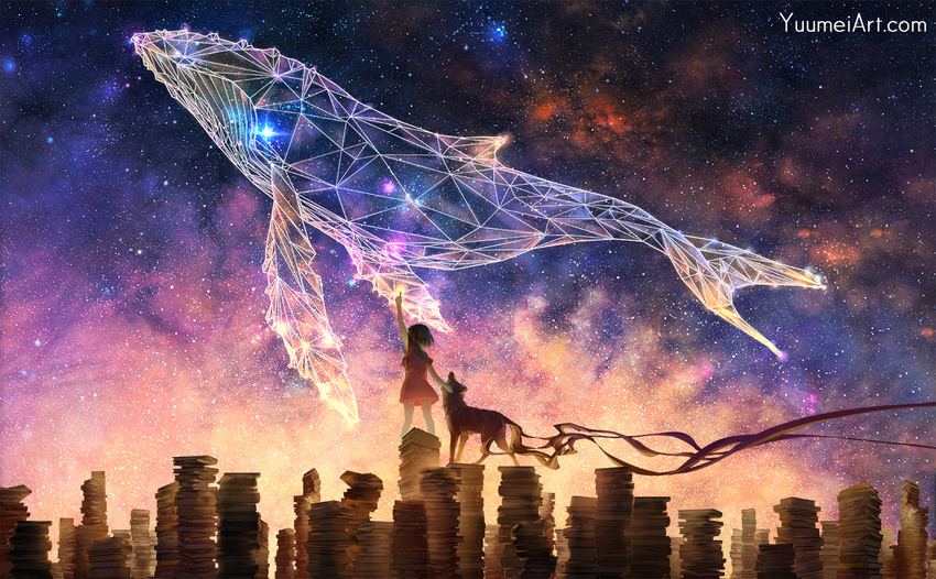 book_stack brown_hair commentary dog humpback_whale original pointing short_hair sky solo standing star_(sky) starry_sky watermark web_address wenqing_yan whale