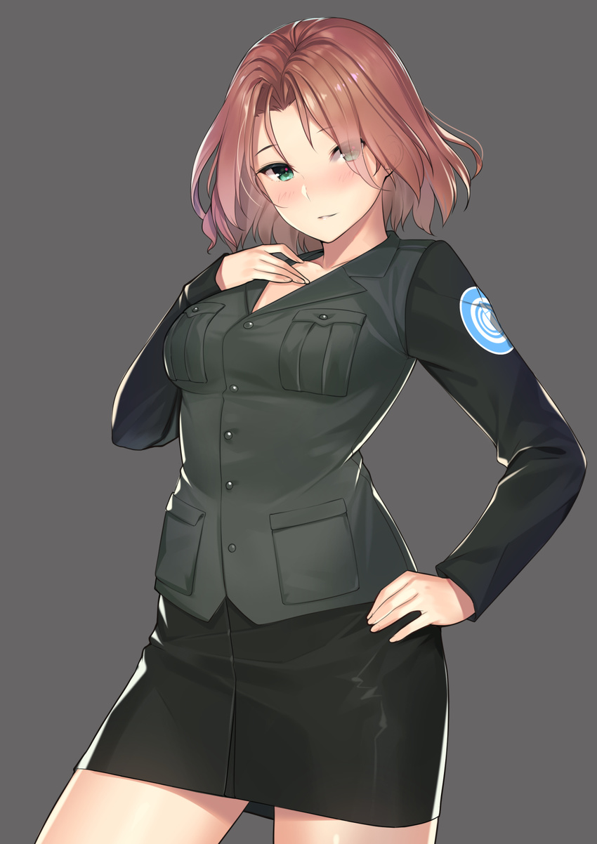 azumi_(girls_und_panzer) blush breasts brown_hair buttons collarbone cowboy_shot emblem eyes_visible_through_hair girls_und_panzer green_eyes grey_background hand_on_hip hand_on_own_chest highres impossible_clothes kagematsuri long_sleeves looking_at_viewer medium_breasts military military_uniform parted_lips pencil_skirt selection_university_(emblem) selection_university_military_uniform shiny shiny_clothes shiny_hair short_hair simple_background skirt smile solo uniform