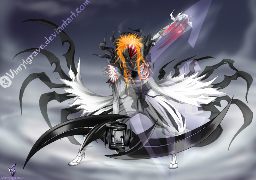 1boy bankai black_sclera bleach commentary deviantart_username english_commentary highres hollow hollow_ichigo japanese_clothes katana kevin_tan kurosaki_ichigo long_hair male_focus mask orange_hair spiked_hair sword tensa_zangetsu_(bankai) vizard weapon white_skin yellow_eyes