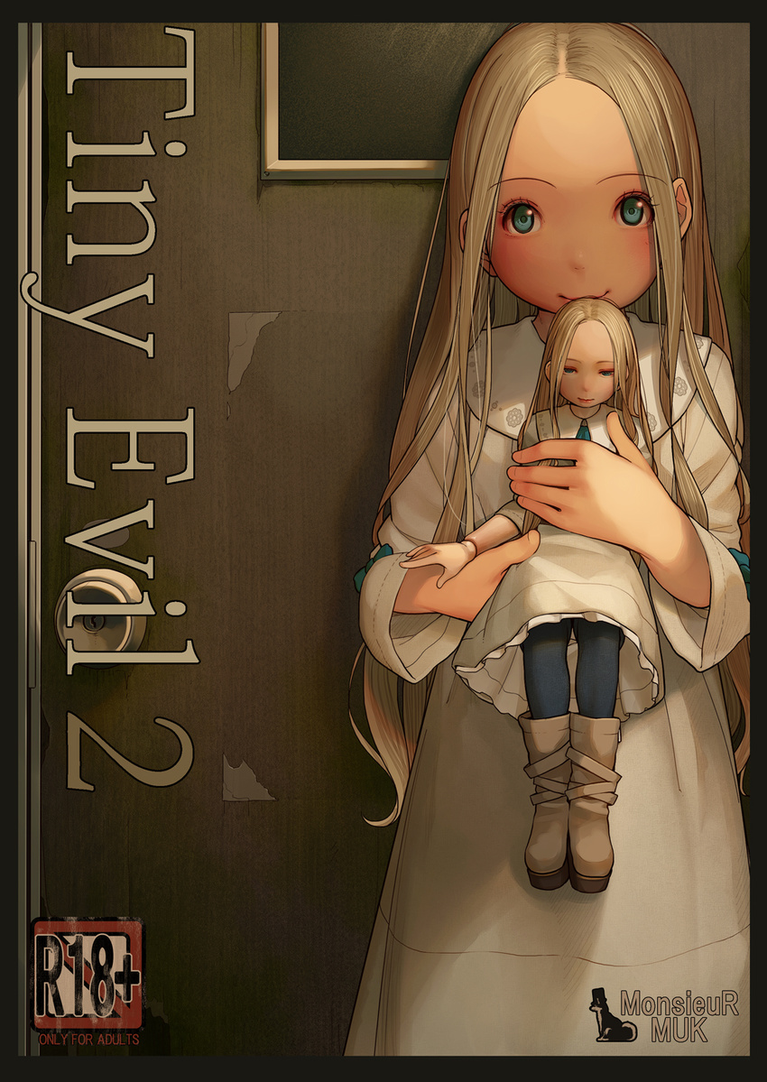 artist_name blonde_hair blue_eyes blue_pants boots closed_mouth commentary_request doll doll_joints door dress eyebrows_visible_through_hair forehead half-closed_eyes highres holding holding_doll kagamine-ikka long_hair long_sleeves looking_at_viewer nina_(tiny_evil) no_bangs original pants smile solo standing tiny_evil white_dress