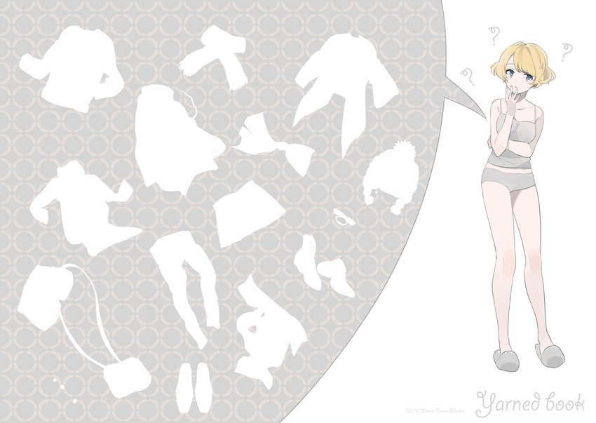? bangs bare_arms bare_shoulders blonde_hair blue_eyes bra camisole hand_to_own_mouth hand_up looking_at_viewer lowe_(slow) original pink_bra short_hair silhouette slippers solo speech_bubble standing underwear underwear_only