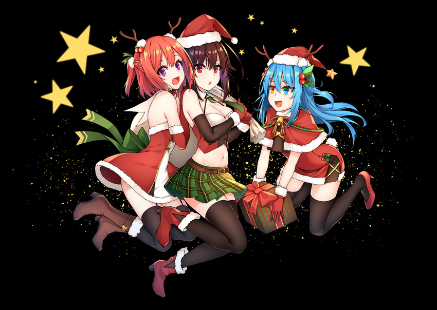 :d bare_shoulders bell black_background black_legwear blue_eyes blue_hair boots box breasts brown_hair capelet christmas commentary elbow_gloves fake_antlers fur_trim gift gift_box gloves hair_between_eyes hair_ornament half_updo hat healther heterochromia high_heels highres long_hair looking_at_another looking_at_viewer medium_breasts multiple_girls open_mouth original purple_eyes red_eyes red_gloves red_hair santa_costume santa_hat sash shoes short_hair short_ponytail smile star thighhighs yellow_eyes