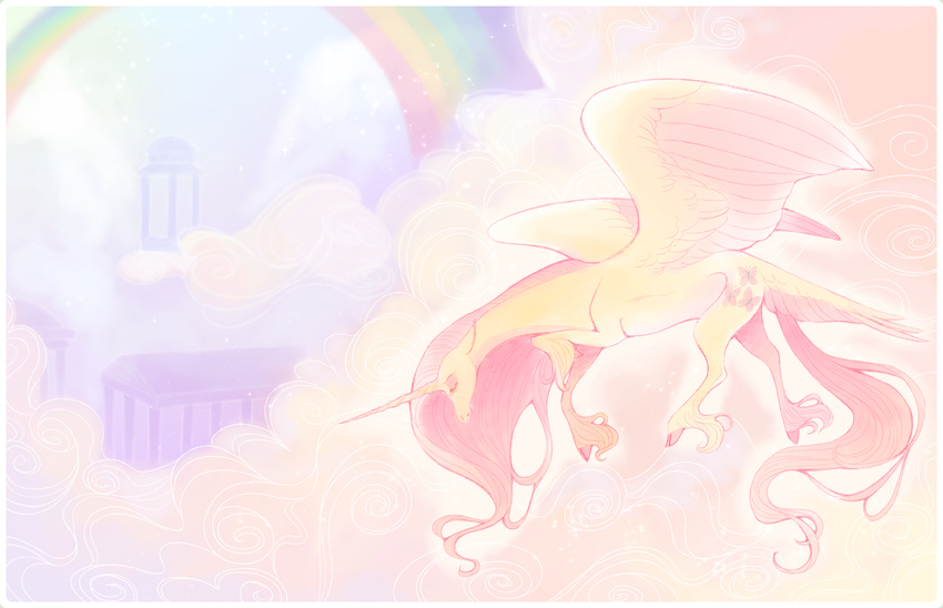 alicornification blonde_hair cloud detailed_background equine eyes_closed feathered_wings feathering feathers female feral fluttershy_(mlp) flying friendship_is_magic fur hair horn light_theme mammal my_little_pony outside pink_hair rainbow sky solo spread_wings thiscrispykat winged_unicorn wings