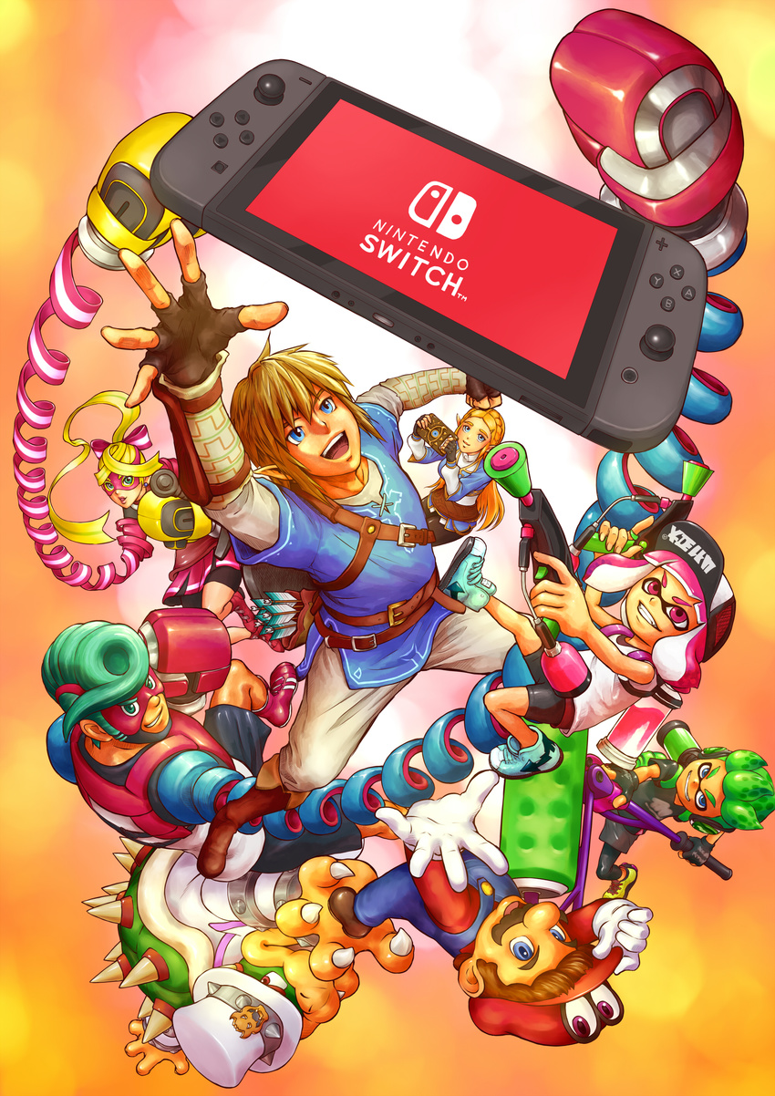 5boys absurdres arms_(game) blonde_hair blue_eyes blue_hair bowser boxing_gloves cappy_(mario) domino_mask facial_hair gloves green_hair hat highres inkling link long_hair looking_at_viewer male_focus mario mario_(series) mask multicolored_hair multiple_boys multiple_girls mustache nintendo nintendo_switch pink_hair pompadour ponytail princess_zelda ribbon ribbon_girl_(arms) ribbon_hair short_hair smile sparky_(arms) splat_dualies_(splatoon) splat_roller_(splatoon) splatoon_(series) splatoon_2 spring_man_(arms) super_mario_bros. super_mario_odyssey switch t_(numerodieci10) tentacle_hair the_legend_of_zelda the_legend_of_zelda:_breath_of_the_wild toaster_(arms) two-tone_hair