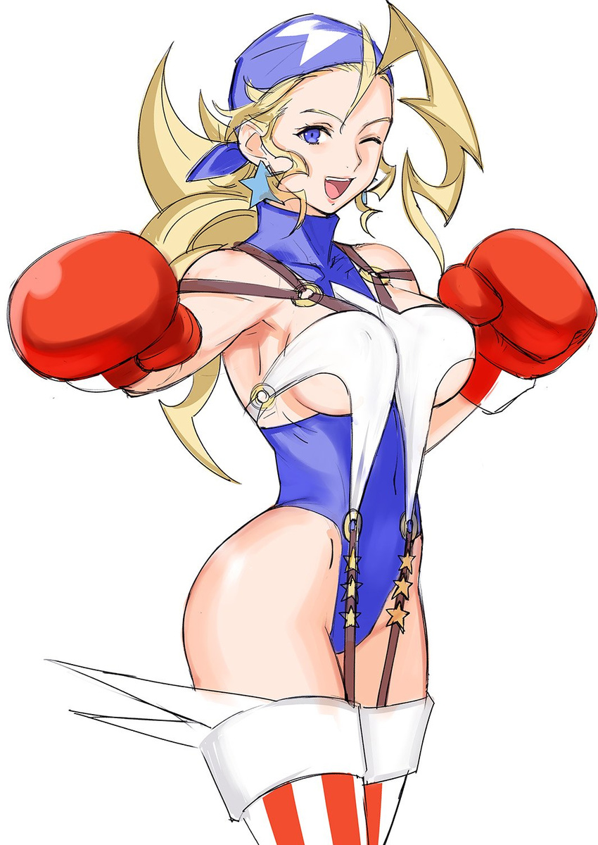 :d bandana bangs bare_shoulders blonde_hair blue_eyes blue_leotard boxing_gloves breasts commentary covered_navel earrings highleg highleg_leotard highres jewelry justice_gakuen large_breasts legs_together leotard long_hair o-ring one_eye_closed open_mouth shiritsu_justice_gakuen simple_background smile solo standing star star_earrings suspenders tetsu_(kimuchi) thighhighs tiffany_lords white_background