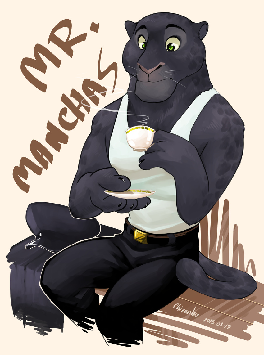 anthro belt black_fur black_jaguar chauffeur chirenbo clothed clothing cup disney feline fully_clothed fur gear green_eyes hi_res holding_cup jaguar male mammal pants renato_manchas shirt sitting solo tank_top whiskers zootopia