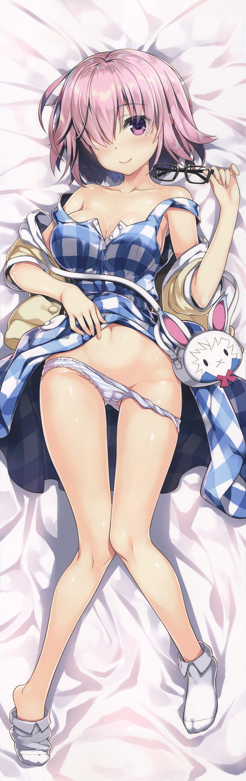 absurdres bag bed_sheet black-framed_eyewear blue_dress blush breasts brown_jacket cameltoe checkered checkered_dress cleavage closed_mouth collarbone dakimakura dress dress_lift eyewear_removed fate/grand_order fate_(series) from_above fujima_takuya full_body glasses groin hair_over_one_eye highres holding holding_eyewear jacket knees_together_feet_apart lifted_by_self looking_at_viewer loose_socks lying mash_kyrielight medium_breasts navel off_shoulder on_back open_clothes open_jacket open_mouth panties panty_pull pink_hair purple_eyes scan shiny shiny_hair shiny_skin short_hair shoulder_bag smile socks solo strap_slip striped striped_panties thigh_gap unbuttoned underwear white_legwear
