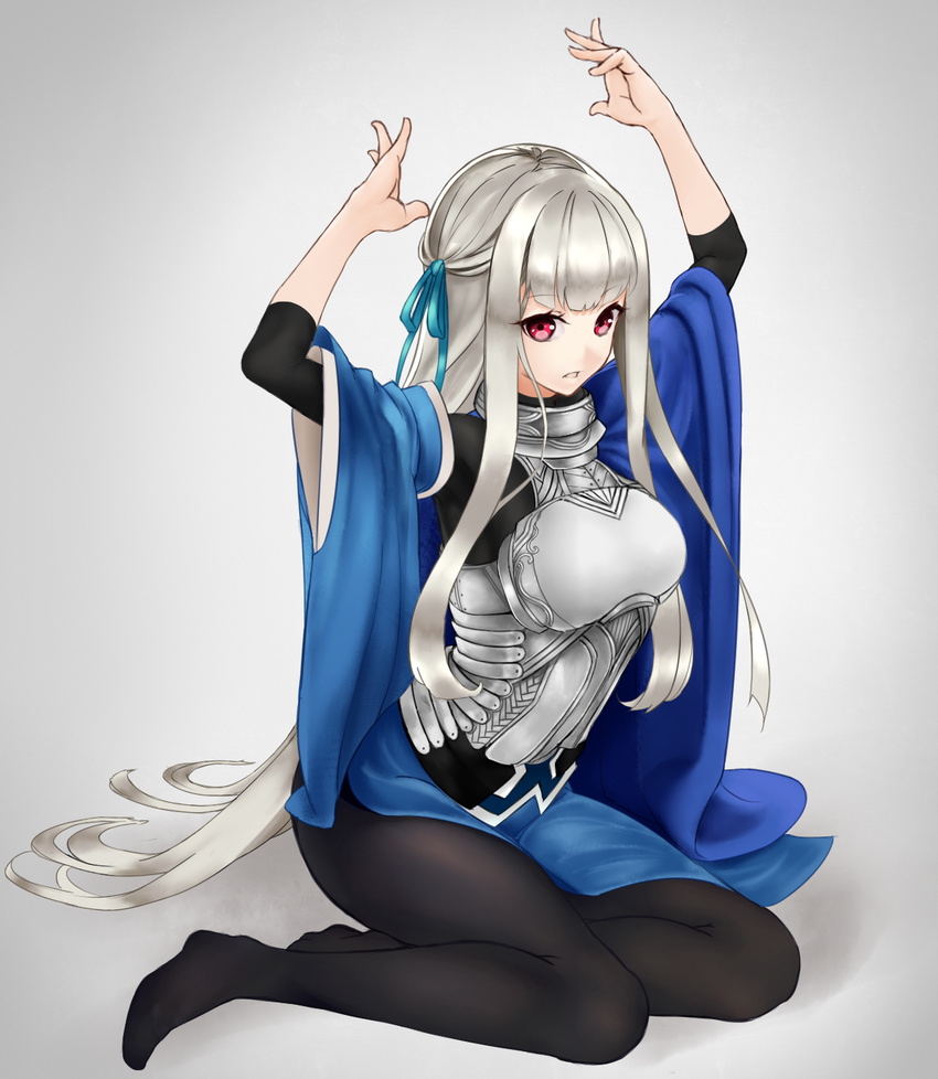 arms_up bangs black_legwear black_shirt blue_ribbon breastplate full_body hair_ribbon highres long_hair long_sleeves looking_at_viewer pantyhose parted_lips red_eyes ribbon sengoku_bushouki_muramasa shirt shuuha_arutsu silver_hair sitting solo very_long_hair wide_sleeves yokozuwari