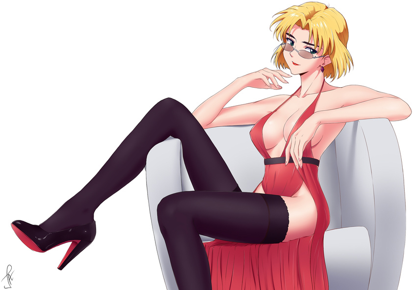 akagi_ritsuko armchair bangs bare_arms bare_shoulders blonde_hair breasts chair closed_mouth dress earrings fingernails from_side glasses hand_up head_tilt high_heels highres j_adsen jewelry large_breasts legs light_smile lipstick long_legs looking_at_viewer makeup neon_genesis_evangelion parted_bangs purple_footwear purple_legwear red_dress red_lipstick sash shoes short_hair signature simple_background sitting sunglasses thighhighs white_background