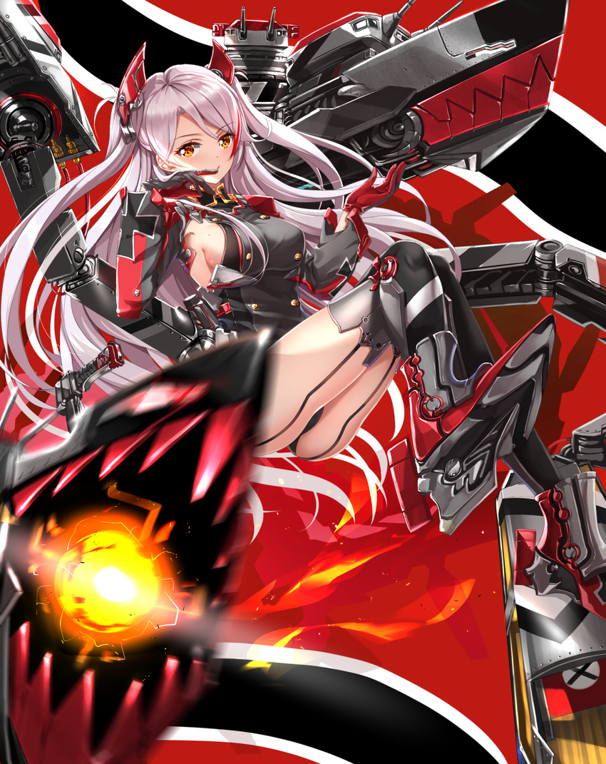 azur_lane bangs black_legwear black_panties blush boots breasts brown_eyes cannon closed_mouth commentary_request dress eyebrows_visible_through_hair finger_to_mouth garter_straps gloves grey_dress grey_footwear grey_gloves hands_up head_tilt headgear highres iron_cross large_breasts long_hair long_sleeves looking_at_viewer machinery mole mole_on_breast motion_blur multicolored multicolored_clothes multicolored_gloves multicolored_hair panties prinz_eugen_(azur_lane) red_gloves red_hair sharp_teeth short_dress sideboob silver_hair sitting smile solo streaked_hair swordsouls teeth thighhighs turret two_side_up underwear very_long_hair