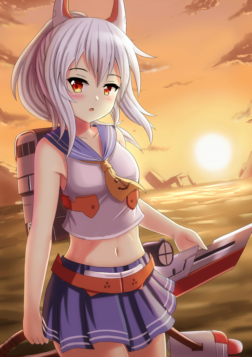 anchor_symbol animal_ears arlly_radithia ayanami_(azur_lane) azur_lane bangs bare_arms blue_skirt cloud collarbone commentary eyebrows_visible_through_hair hair_between_eyes high_ponytail highres holding holding_sword holding_weapon horizon long_hair looking_at_viewer machinery neckerchief ocean orange_eyes outdoors parted_lips pleated_skirt ponytail school_uniform searchlight serafuku shirt silver_hair skirt sky sleeveless sleeveless_shirt solo sun sunset sword water weapon white_shirt yellow_neckwear yellow_sky