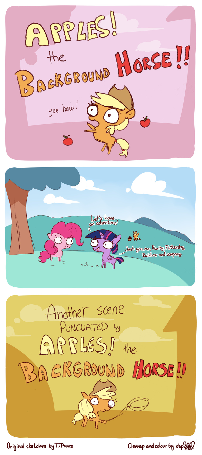 ! 2017 absurd_res apple applejack_(mlp) basket blonde_hair border cloud collaboration comic cute dialogue dsp2003 earth_pony english_text equine eye_contact eyelashes feathered_wings feathers female field food friendship_is_magic fruit grass group hair hat hi_res horn horse mammal multicolored_hair my_little_pony open_mouth outside pink_hair pinkie_pie_(mlp) pony rope sky teeth text tjpones tongue tree twilight_sparkle_(mlp) white_border winged_unicorn wings