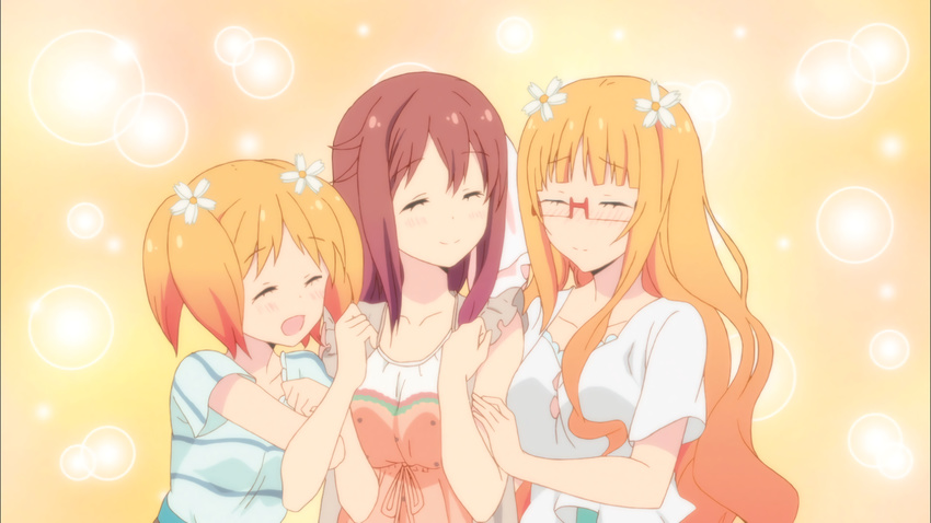 3girls blonde_hair canon collarbone couple eyes_closed flower hair_ornament hairclip happy long_hair love_triangle multiple_girls official pigtails ribbon sakura_trick screencap short_hair smile sonoda_mitsuki sonoda_yuu takayama_haruka very_long_hair yuri