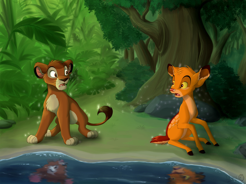 alternate_species bambi bambi_(film) branch brown_eyes brown_fur cervine deer detailed_background disney duo eye_contact feline feral forest fur hooves jungle leaves lion magic male mammal orange_fur outside pond post_transformation red_eyes reflection shocked simba sirzi sitting sparkles standing surprise the_lion_king tree tufted)tail water yellow_sclera