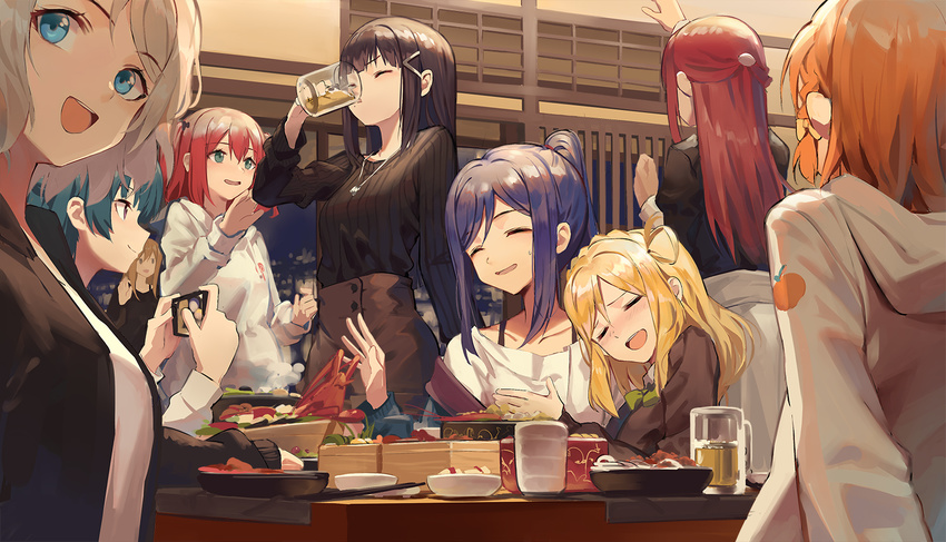 :d ^_^ alcohol bangs black_hair black_sweater blonde_hair blue_eyes blue_hair braid breast_grab brown_hair brown_skirt cellphone closed_eyes commentary crown_braid drinking grabbing grey_hair hair_ornament hair_rings hairclip half_updo huanxiang_heitu hug kunikida_hanamaru kurosawa_dia kurosawa_ruby lobster long_hair long_sleeves love_live! love_live!_sunshine!! matsuura_kanan mole mole_under_mouth multiple_girls ohara_mari open_mouth orange_hair osechi phone plate ponytail red_hair restaurant ribbed_sweater sakurauchi_riko side_braid skirt smartphone smile sweater table takami_chika taking_picture tsushima_yoshiko watanabe_you white_hoodie