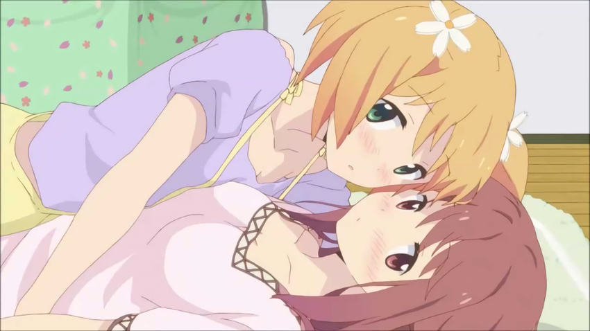 2girls blonde_hair blush canon collarbone couple green_eyes hair_ornament hairclip looking_at_viewer lying multiple_girls official pigtails pink_eyes pink_hair ribbon sakura_trick screencap sonoda_yuu takayama_haruka yuri