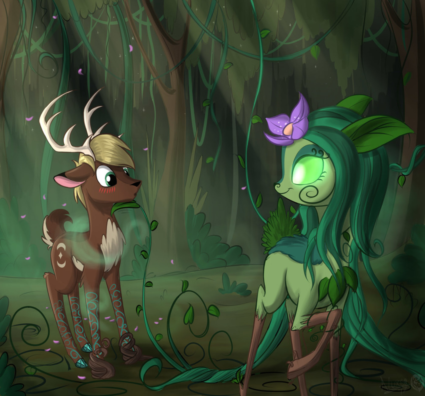 antlers blush bound brown_fur cervine deer detailed_background dryad duo empty_eyes eye_contact female feral flora_fauna flower forest fur glowing glowing_eyes green_eyes green_fur green_hair hair hooves horn leaves male mammal my_little_pony nature_spirit outside petals plant roots sirzi tree vines