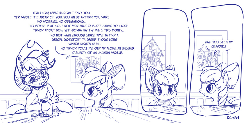2017 ? absurd_res apple_bloom_(mlp) applejack_(mlp) bow cider comic cub cup cute dialogue dilarus duo earth_pony english_text equine eyelashes female freckles friendship_is_magic hat hi_res horse inside looking_at_viewer mammal monochrome my_little_pony open_mouth photo picture_frame pony ribbons signature sitting speech_bubble table text young