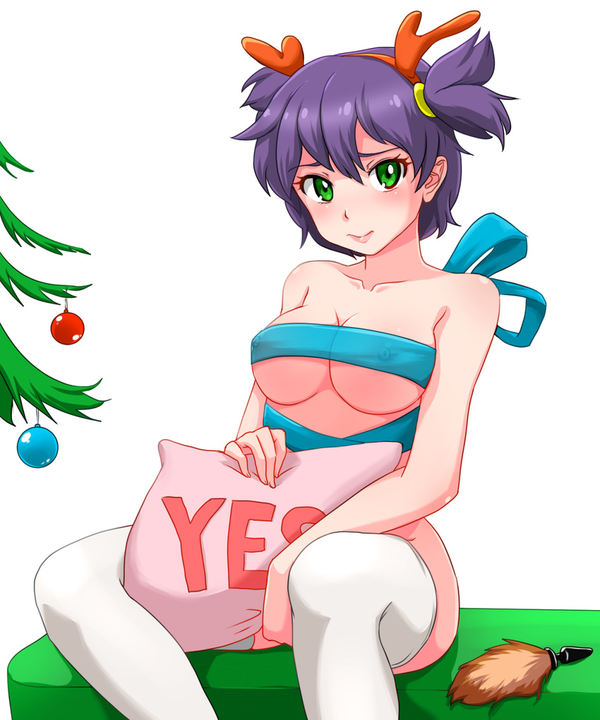 anal_tail between_legs blue_ribbon breasts butt_plug christmas christmas_ornaments christmas_tree collarbone commentary covered_nipples everlasting_summer fake_antlers fake_tail green_eyes hairband hand_between_legs highres huyase large_breasts looking_at_viewer naked_ribbon pillow purple_hair ribbon short_hair simple_background sitting smile solo tail thighhighs two_side_up unyl-chan white_background white_legwear yes yes-no_pillow