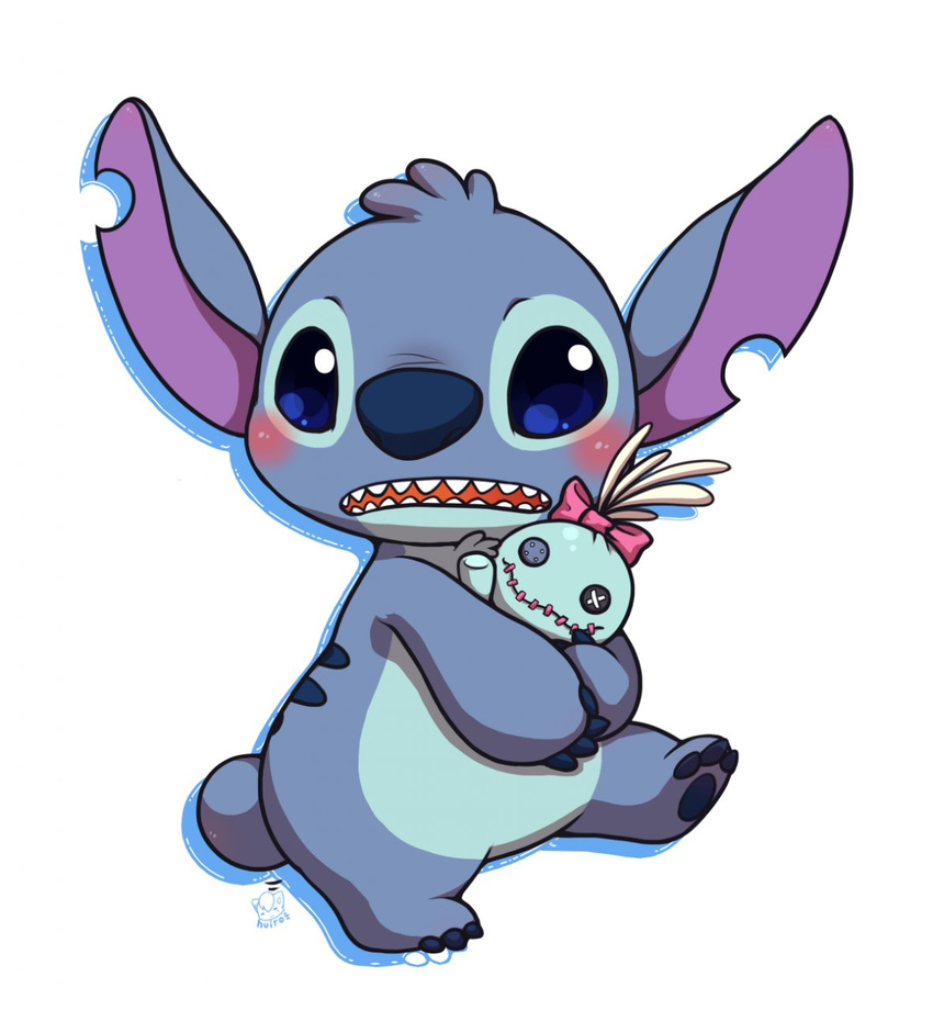 2011 3_toes 4_fingers alien back_markings blue_claws blue_eyes blue_fur blue_nose blush button_eyes chest_tuft claws cute digital_drawing_(artwork) digital_media_(artwork) disney experiment_(species) fur head_tuft hi_res huiro inanimate_object lilo_and_stitch looking_at_viewer markings notched_ear open_mouth ragdoll raised_leg scrump simple_background slightly_chubby small_tail stitch toes tuft white_background