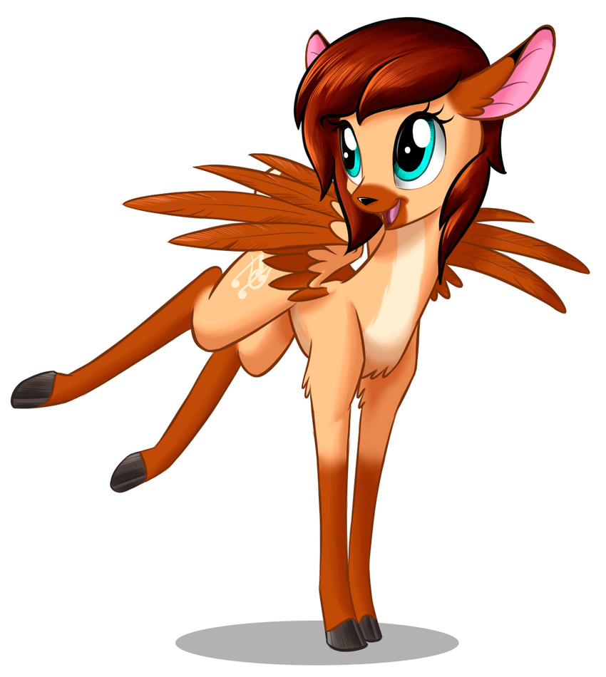 alpha_channel blue_eyes brown_feathers brown_fur brown_hair bucking cervine cloven_hooves deer feathered_wings feathers female feral fur hair happy hooves jumping mammal my_little_pony open_mouth playing simple_background sirzi solo transparent_background wings