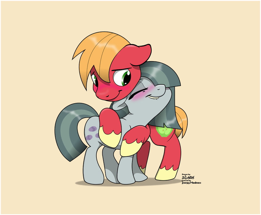 2017 big_macintosh_(mlp) biting_lip blonde_hair blush color_edit colored cute cutie_mark derpymadness dilarus duo earth_pony edit equine eyebrows eyes_closed female friendship_is_magic green_eyes grey_hair hair horse hug male male/female mammal marble_pie_(mlp) multicolored_hair my_little_pony pony shadow signature simple_background smile teeth two_tone_hair yellow_background