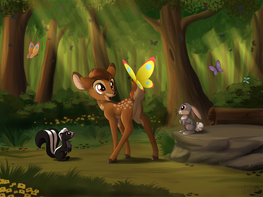 ambient_butterfly arthropod bambi bambi_(film) big_ears black_eyes black_fur brown_eyes brown_fur bushes butterfly cervine cub deer detailed_background disney feral flower flower_(bambi) forest fur grass grey_fur group happy insect lagomorph log male mammal outside plant rabbit raised_tail rock sirzi sitting skunk standing sunbeam surprise thumper tree wood young