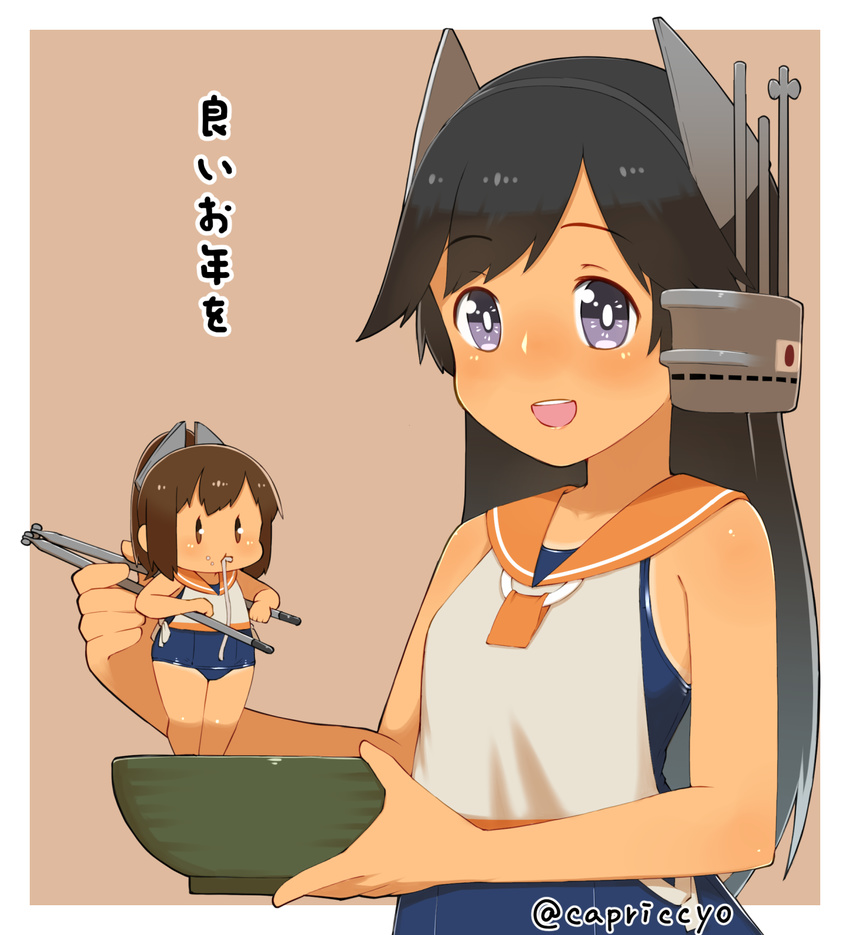 black_hair bowl capriccyo chopsticks food headgear highres i-400_(kantai_collection) i-401_(kantai_collection) kantai_collection long_hair minigirl multiple_girls noodles open_mouth orange_sailor_collar purple_eyes ramen sailor_collar school_swimsuit shirt sleeveless sleeveless_shirt swimsuit swimsuit_under_clothes translated upper_body