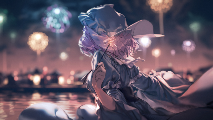 aerial_fireworks backlighting blurry chun_lanlanlan depth_of_field fireworks frills from_behind hand_up happy_new_year hat highres holding japanese_clothes kimono light long_sleeves mob_cap new_year night obi outdoors pink_hair saigyouji_yuyuko sash see-through short_hair solo sparkler touhou triangular_headpiece upper_body veil wallpaper water wide_sleeves
