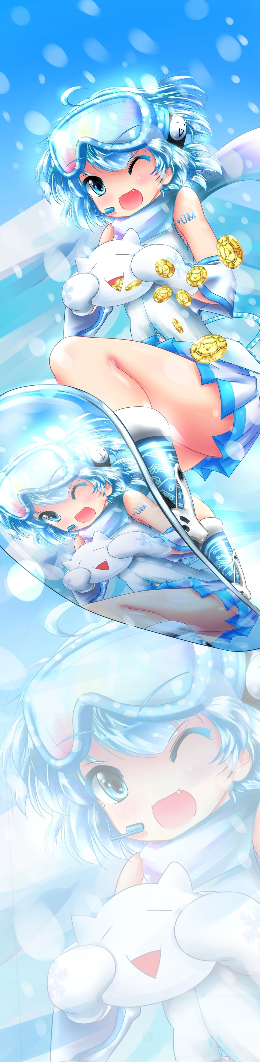 1girl ahoge arm_tattoo bare_shoulders blue_eyes blue_hair closed_eye coin fang looking_at_viewer seiji_(artist) ski_goggles snow snowboard tattoo