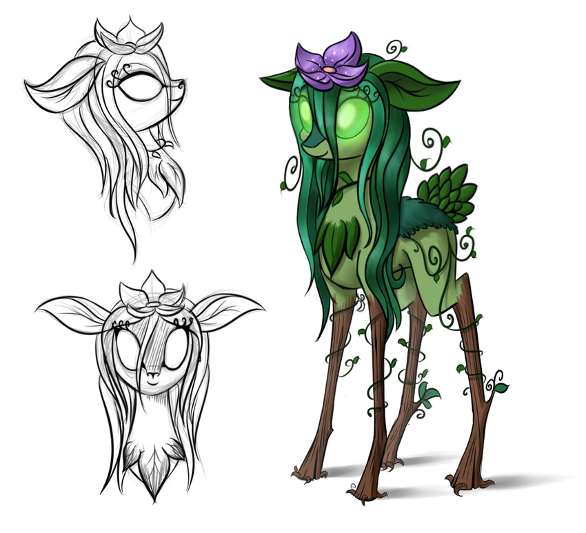 cervine deer dryad empty_eyes female flora_fauna flower glowing glowing_eyes green_eyes leaves looking_at_viewer mammal multiple_images my_little_pony plant roots simple_background sirzi smile solo standing vines white_background wood