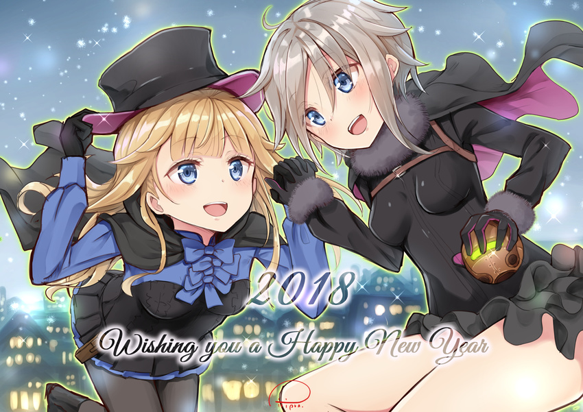 2girls :d ahoge ange_(princess_principal) bangs black_cape black_dress black_footwear black_gloves black_hat black_legwear blonde_hair blue_bow blue_eyes blush boots bow breasts building cape cavorite_ball commentary_request dress english eye_contact eyebrows_visible_through_hair fur-trimmed_sleeves fur_collar fur_trim gloves hair_flaps hand_on_headwear happy_new_year hat highres holding holding_hands house impossible_clothes impossible_dress interlocked_fingers light_brown_hair long_hair long_sleeves looking_at_another medium_breasts multiple_girls new_year open_mouth outdoors pantyhose piripun princess_(princess_principal) princess_principal short_hair_with_long_locks signature smile snowing top_hat upper_teeth very_long_hair