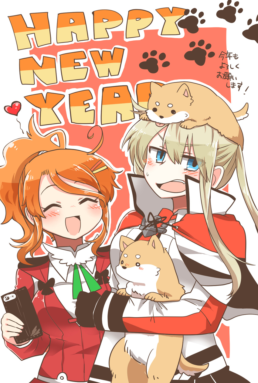 ^_^ ^o^ animal aquila_(kantai_collection) black_gloves blonde_hair blue_eyes brown_eyes capelet cellphone chinese_zodiac closed_eyes commentary_request dog gloves graf_zeppelin_(kantai_collection) happy_new_year heart highres holding holding_phone jacket juliet_sleeves kantai_collection long_hair long_sleeves military military_uniform multiple_girls new_year open_mouth orange_hair paw_print phone puffy_sleeves rebecca_(keinelove) red_jacket short_hair short_ponytail sidelocks smartphone smile translation_request twintails uniform year_of_the_dog