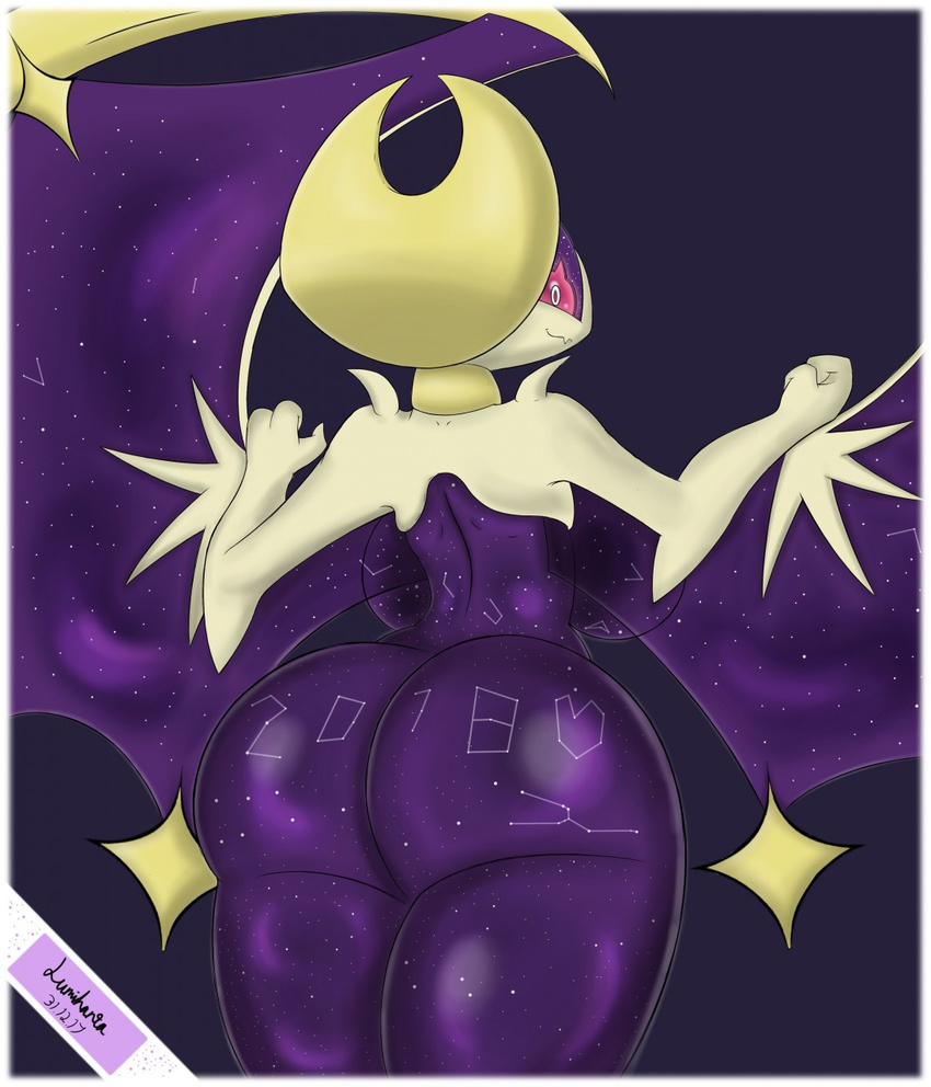 2018 anthro bat big_butt butt constellation digital_media_(artwork) female from_behind_(disambiguation) holidays huge_butt legendary_pok&eacute;mon looking_at_viewer lumihanta lunala mammal new_year nintendo pok&eacute;mon pok&eacute;mon_(species) presenting presenting_hindquarters red_eyes solo thick_thighs video_games wings
