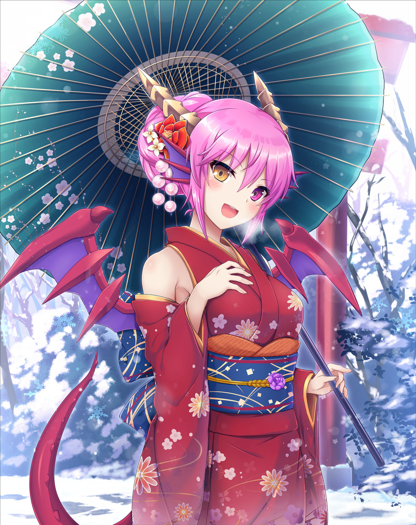 :d bare_shoulders bare_tree blush breasts breath brown_eyes bush cowboy_shot day detached_sleeves dragon_girl dragon_horns dragon_tail dragon_wings floral_print furisode hair_between_eyes hair_bobbles hair_bun hair_ornament hand_on_own_chest heterochromia highres horns japanese_clothes kimono long_sleeves looking_at_viewer medium_breasts obi open_mouth oriental_umbrella outdoors pink_eyes pink_hair print_kimono purple_wings puzzle_&amp;_dragons red_kimono samoore sash shiny shiny_hair short_hair smile snow snowflakes solo sonia_(p&amp;d) spikes standing tail torii tree umbrella wide_sleeves wings winter