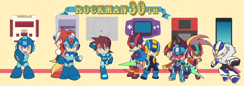 anniversary arm_cannon black_eyes blonde_hair blue_eyes brown_hair cellphone chibi closed_mouth commentary_request copyright_name energy_sword famicom game_boy_advance game_console green_eyes grey_(rockman) handheld_game_console helmet highres hoshikawa_subaru_(rockman) miyata_(lhr) multiple_boys nintendo_ds open_mouth over-1_(rockman) phone playstation rock_volnutt rockman rockman_(character) rockman_(classic) rockman_dash rockman_exe rockman_exe_(character) rockman_x rockman_xover rockman_zero rockman_zx rockman_zx_advent ryuusei_no_rockman smartphone smile super_famicom sword weapon x_(rockman) zero_(rockman)