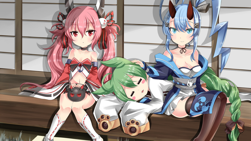 :3 :o ahoge akashi_(azur_lane) animal_ears azur_lane bangs bare_shoulders black_bow black_gloves black_legwear black_skirt blue_eyes blue_hair blue_kimono blush blush_stickers bow breasts cat_ears cleavage closed_eyes closed_mouth collarbone commentary_request detached_sleeves dress eyebrows_visible_through_hair fingerless_gloves fingernails gloves green_hair hair_between_eyes hair_bow hair_ornament hamakaze_(azur_lane) hebitsukai-san highres inazuma_(azur_lane) japanese_clothes kimono kneehighs long_hair long_sleeves looking_at_viewer lying medium_breasts multiple_girls navel off_shoulder on_side oni_horns outdoors parted_lips pink_hair pleated_skirt sailor_dress side_ponytail sidelocks sitting skirt sleeves_past_wrists small_breasts smile thighhighs twintails very_long_hair white_dress white_legwear