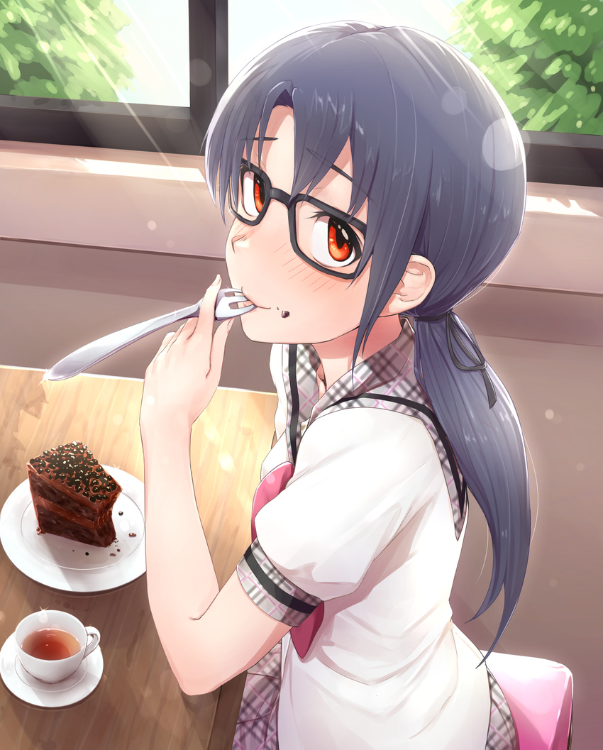 black_hair blush cake commentary_request cup food food_on_face fork_in_mouth glasses highres idolmaster idolmaster_million_live! ldl_(bcw1025) long_hair looking_up low_twintails red_eyes school_uniform smile solo takayama_sayoko teacup twintails window