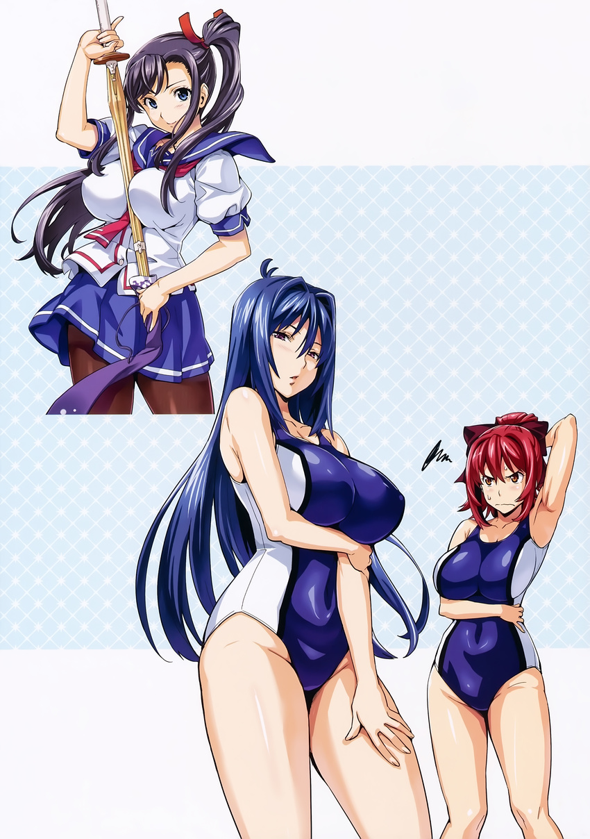 absurdres amaya_haruko armpits blue_eyes blue_hair blush bow breast_envy breast_hold breasts competition_swimsuit curvy fingernails hair_bow hand_behind_head highres holding huge_breasts large_breasts long_hair looking_at_breasts maken-ki! multiple_girls nijou_aki official_art one-piece_swimsuit pantyhose pleated_skirt purple_eyes purple_hair red_eyes red_hair rokujou_minori scan school_uniform shinai short_sleeves side_ponytail simple_background skirt sweat swimsuit sword takeda_hiromitsu very_long_hair weapon wooden_sword