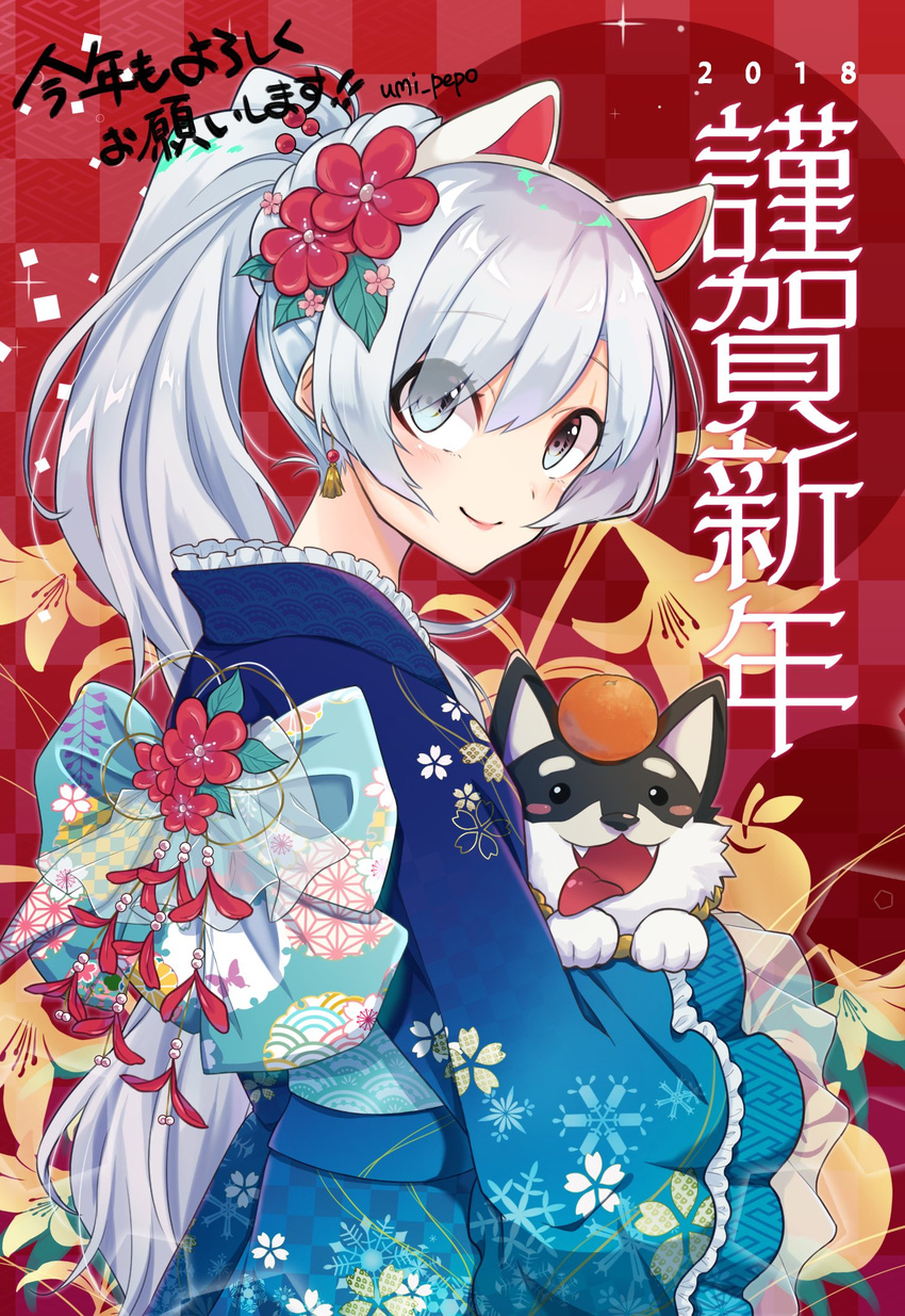 2018 animal animal_ears artist_name blue_bow blue_eyes blue_kimono blush blush_stickers bow checkered checkered_background chinese_zodiac closed_mouth commentary_request dog dog_ears earrings fake_animal_ears fangs flower food food_on_head frilled_sleeves frills from_side fruit fruit_on_head hair_flower hair_ornament hairband happy_new_year highres japanese_clothes jewelry kimono large_bow lips long_hair long_sleeves looking_at_viewer looking_to_the_side maguro_(guromaguro) mandarin_orange new_year obi object_on_head red_flower rwby sash scar scar_across_eye smile snowflake_print sparkle tongue tongue_out translation_request tulip upper_body weiss_schnee welsh_corgi white_hair white_hairband wide_sleeves year_of_the_dog zwei_(rwby)