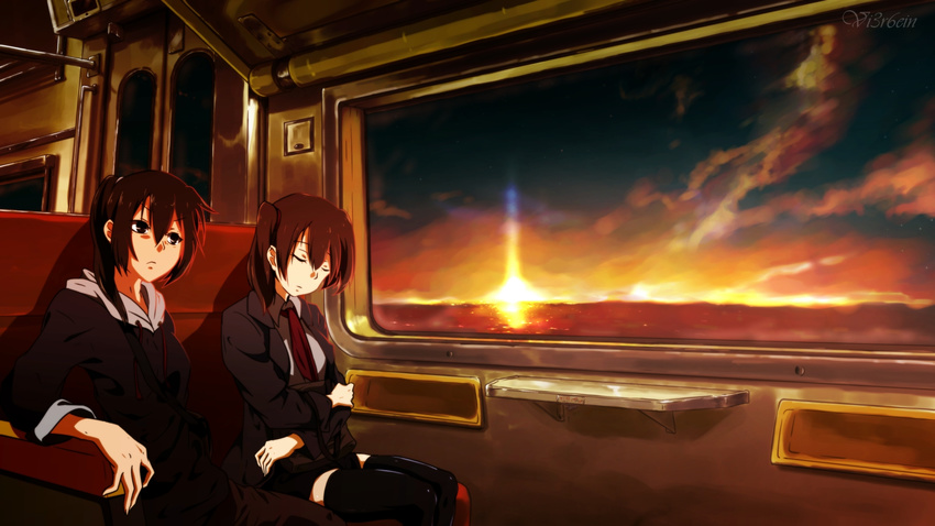 alternate_costume alternate_hairstyle armrest black_legwear brown_hair closed_eyes closed_mouth cloud commentary_request contemporary highres hood hoodie jacket kaga_(kantai_collection) kantai_collection long_hair looking_ahead multiple_girls necktie ocean signature sitting sky sleeping sleeping_upright sunset thighhighs train_interior twintails vi3r6ein zuikaku_(kantai_collection)
