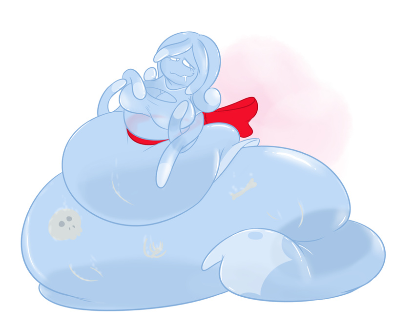 belly big_belly big_breasts blue_clothing blue_dress blue_eyes blue_skin bone bow breasts clothed clothing cute dress female ghost hair huge_breasts hyper hyper_belly inflation morbidly_obese obese overweight quasi quasi-ghost samael skull smile soft_vore solo spirit tentacles translucent vore weight_gain